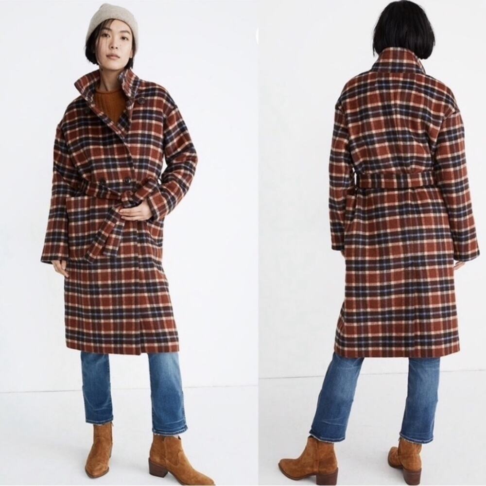Madewell Rust Wool Blend Plaid Women's Coat Long Belted AA327 S - Picture 13 of 15